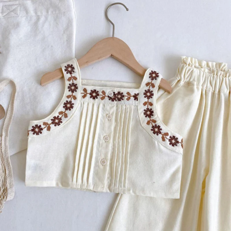 Humor Bear Summer Girls Clothes Set  Sleeveless Embroidery Vest+Wide Leg Pant 2Pcs Toddler Korean Style Kids Clothes