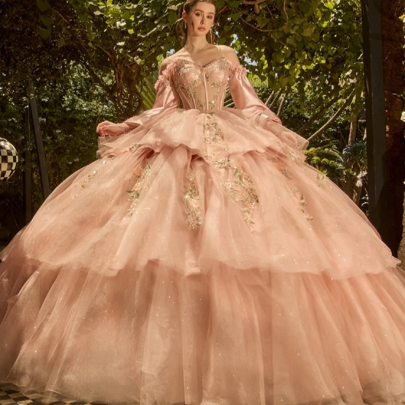 

Pink Shiny Quinceanera Dresses Off The Shoulder Applique Lace Crystal Beading Tull Corset Party Birthday Sweet 16 Dress Vestidos