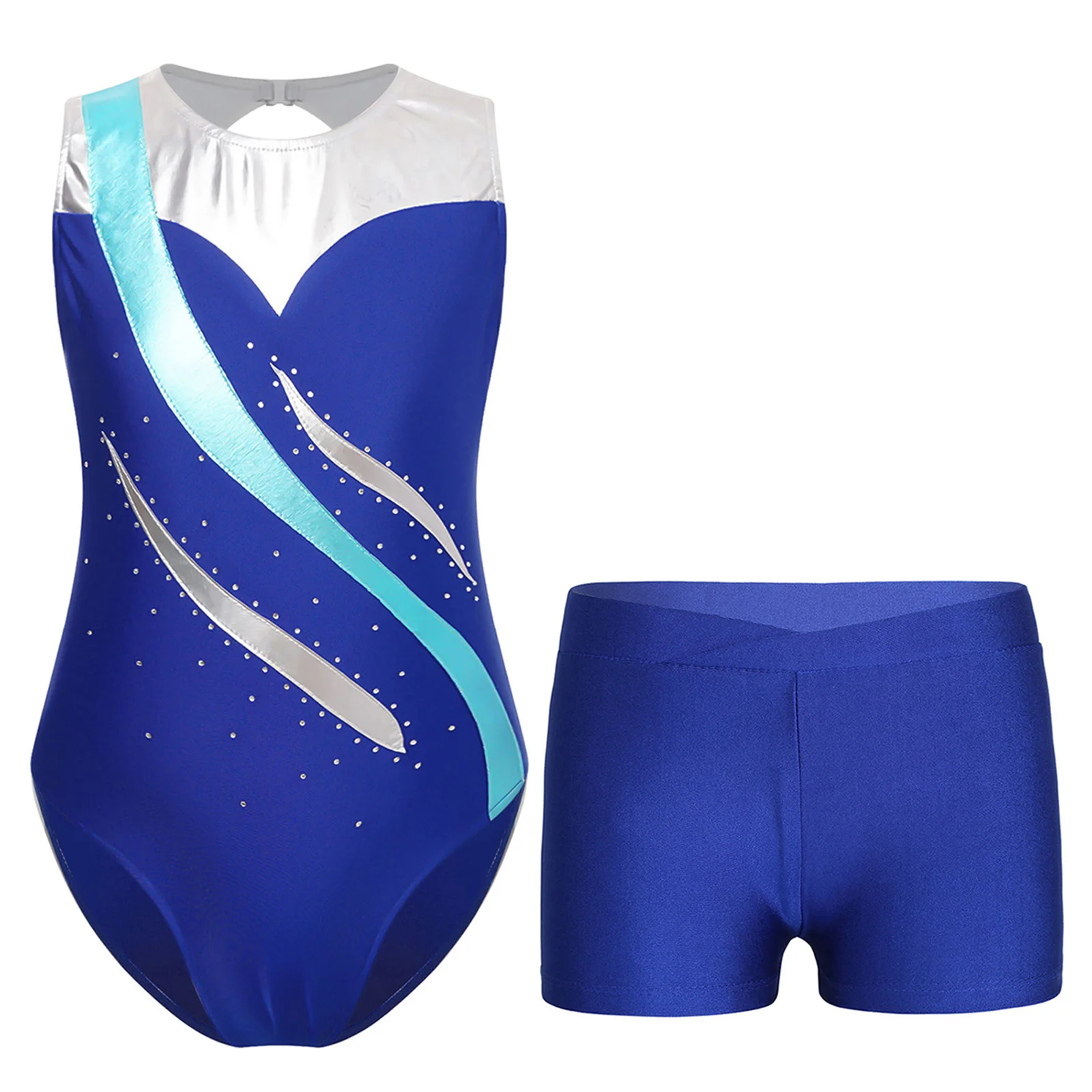 Kids Girls Rhythmic Gymnastics Leotards Performance Outfit Metallic Patchwork Leotard Sleeveless Skating Bodysuit with Shorts