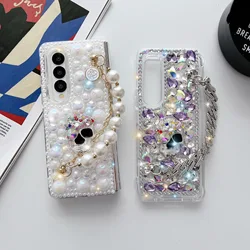 Custodia per telefono con teschio di diamanti colorati di lusso per Samsung Galaxy Z Fold 6 5 4 3 Cover con perle di strass con cordino per bracciale in cristallo