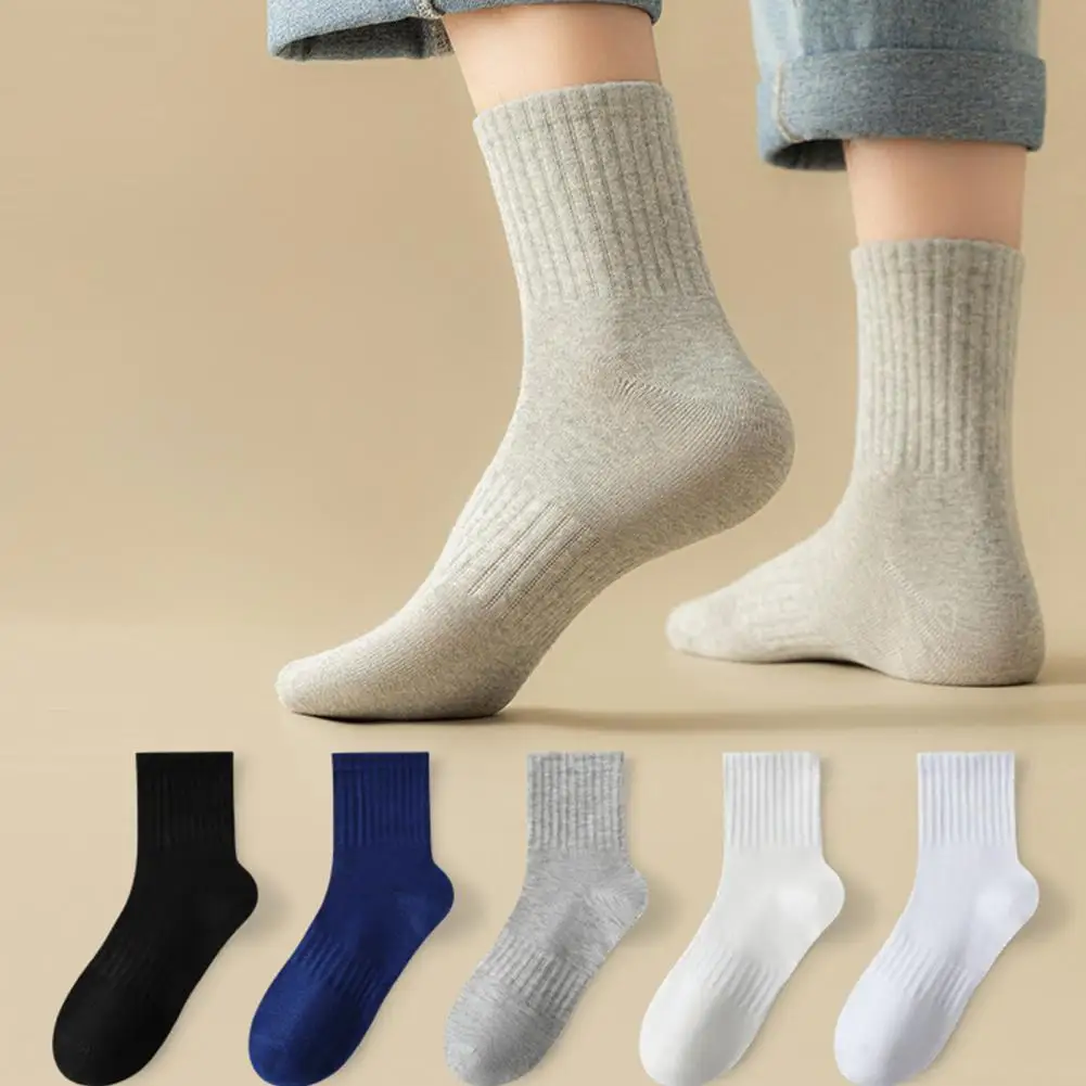 Athletic Mid-calf Socks Thickened Elastic Anti-slip Mid-tube Solid Color Matching Floor Socks for Warmth Comfort Sweat