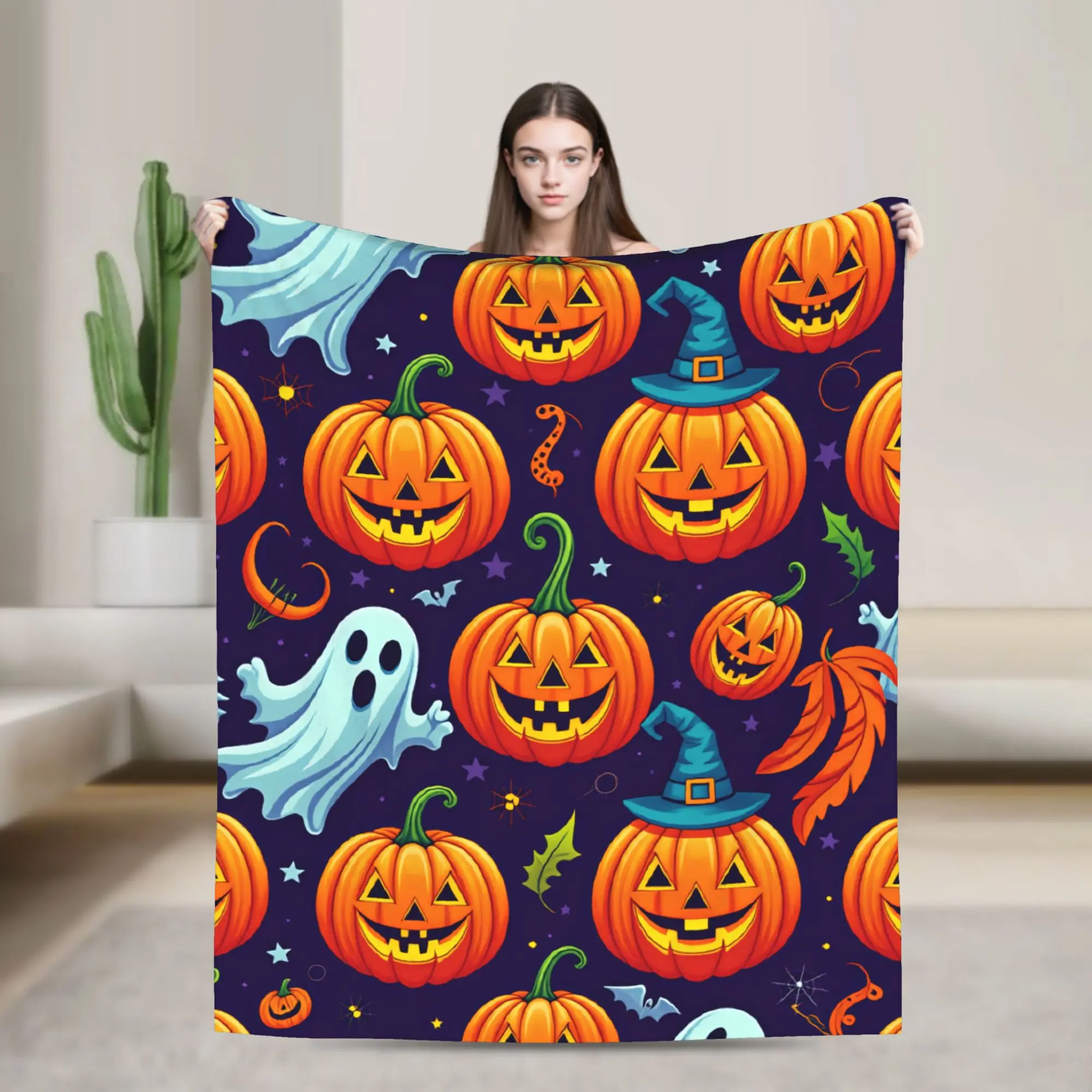 Halloween Ghost Bat Witch Hat Pumpkin Seamless Pattern Blankets Quality Soft  Throw Blanket Autumn Couch Bed Novelty Bedspread
