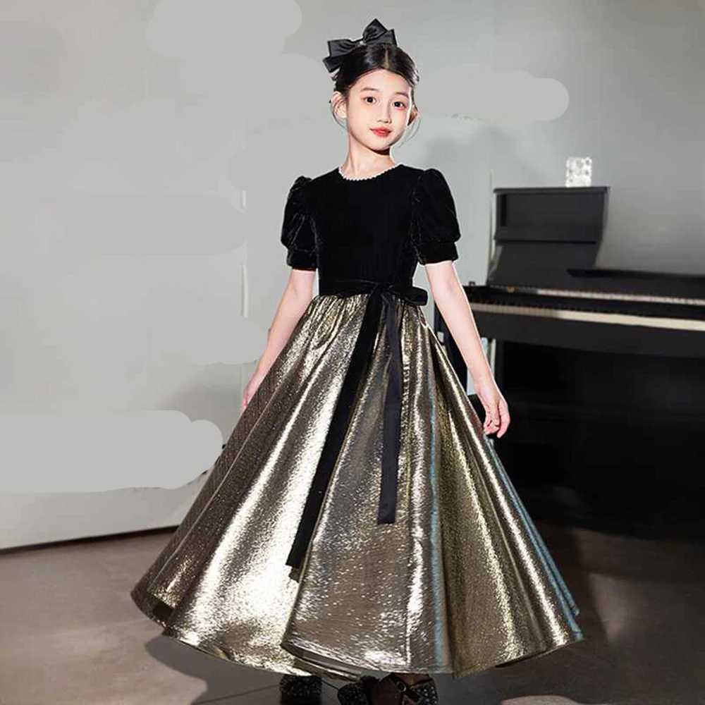 

Girl's Simple Vintage Black Golden Patchwork Evening Dress Children Winter Velvet Short Bubble Sleeved Piano Performance Gown