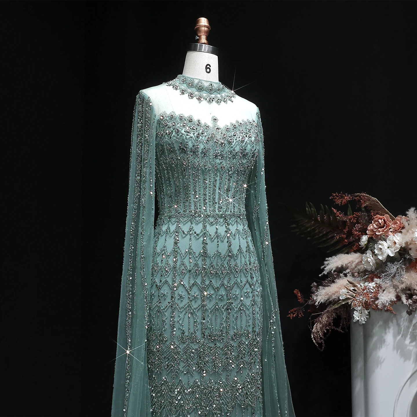 Sharon Said Luxuriöses Blaues Tüll-Abendkleid mit Cape-Ärmeln, Kristall-Pailletten, Damen-Hochzeitskleid, Partykleid, Ballkleid SS150, Maßanfertigung – Detail 18