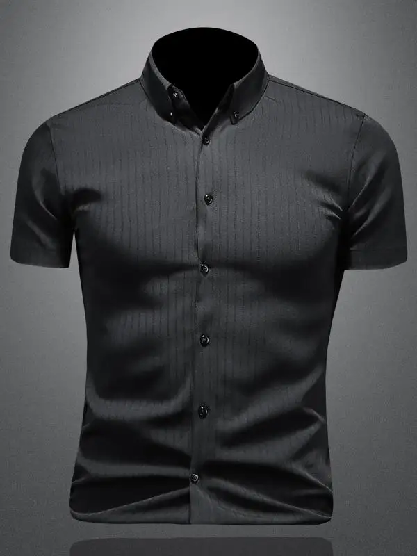 

Мужская повседневная рубашка из ледяного шелка с коротким рукавом, немнущаяся, в корейском стиле, приталенная, дышащая, в полоску, летняя новинка