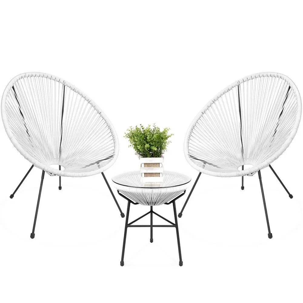 

3Piece Outdoor Acapulco AllWeather Patio Conversation Bistro Set w Plastic Rope, Glass Top Table and 2 Chairs White