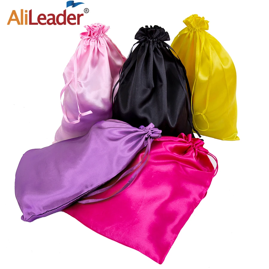 

Wig Storage Bags Hair Extensions Bags With Drawstring Silky Satin Wig Bag Pack Black Pink Hair Wig Packaging Bags 35*25Cm 5Pcs