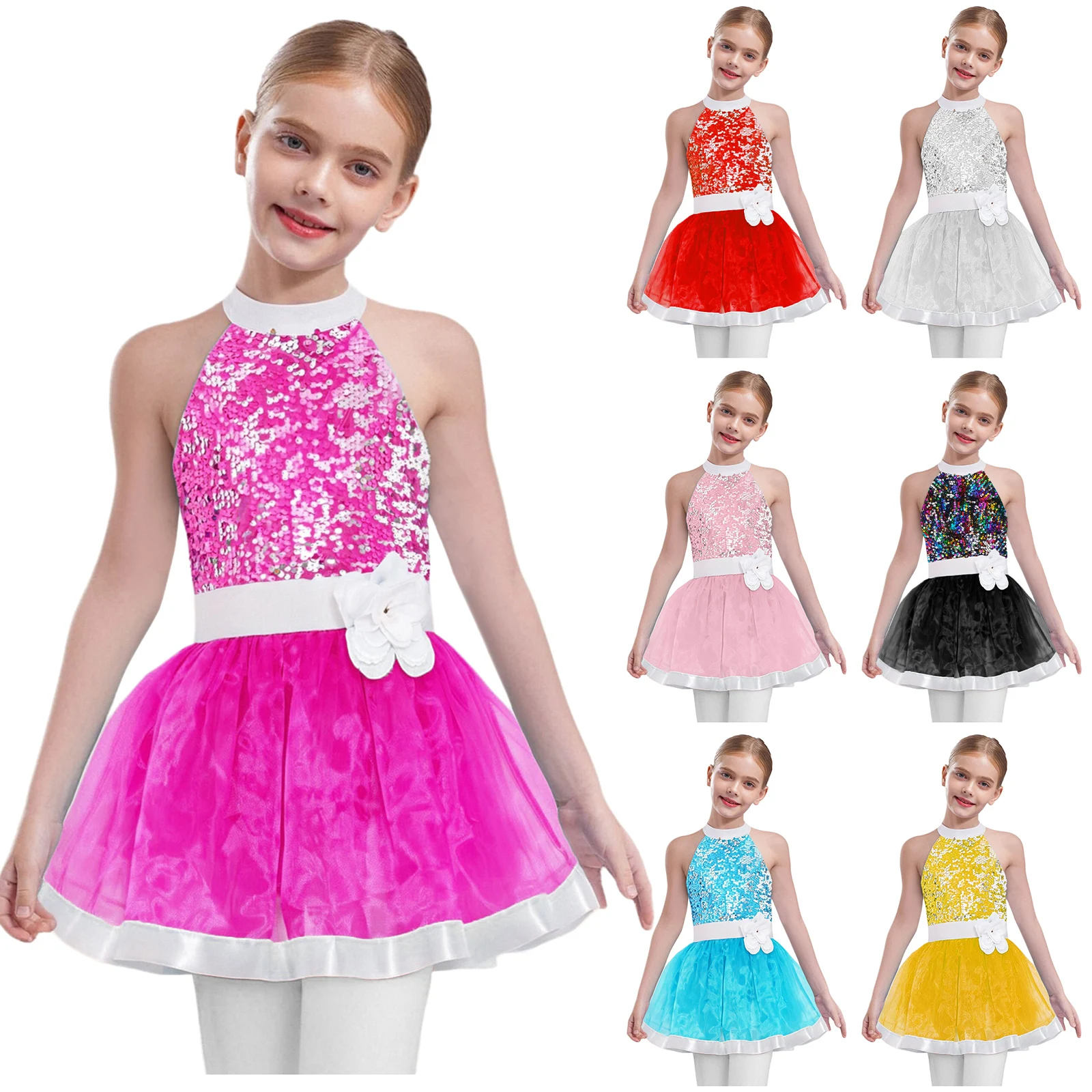 Girls Shiny Sequins Ballet Dance Tutu Leotard Sleeveless Layered Tulle Dress Pageant Party Princess Dress Figure Skating Costume