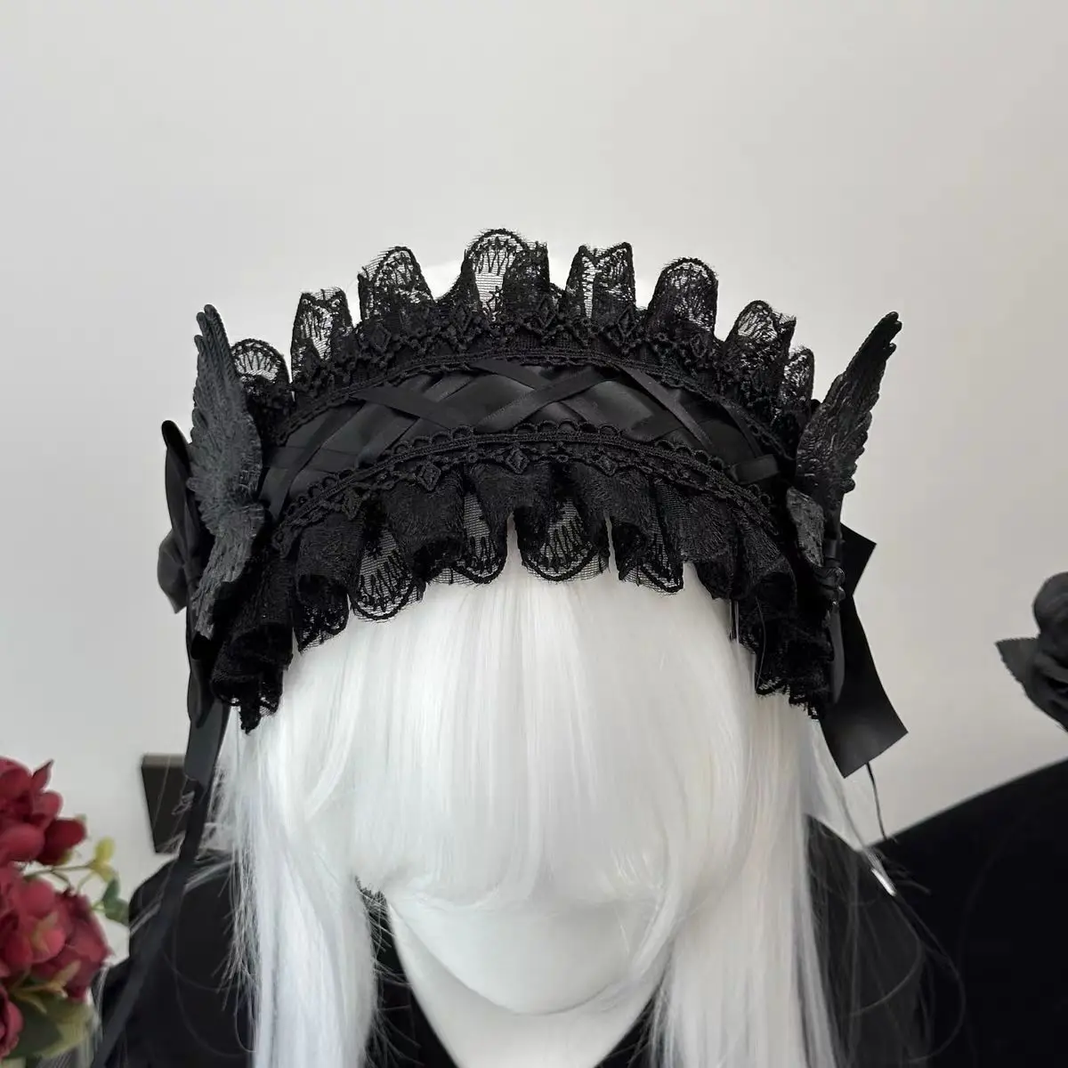 Gothic Angel Wings Maid Bonnet hairband Lolita Girl Cosplay Costume Accessories Retro Adjustable Ruffles Solid headwear  Women image 6