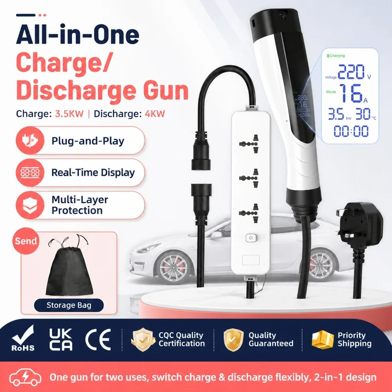 2in1 Portable Charge and Discharge V2L EU Socket with 3m-10m Cable Type1/Type2 GB/T Wallbox Adapter for Portable EV Charger