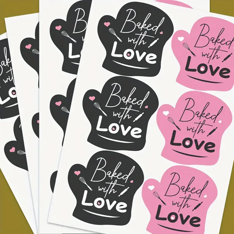 60 Easykart Baked With Love stickers - black pink glove die cut design, perfect for bakeries and baking accessories