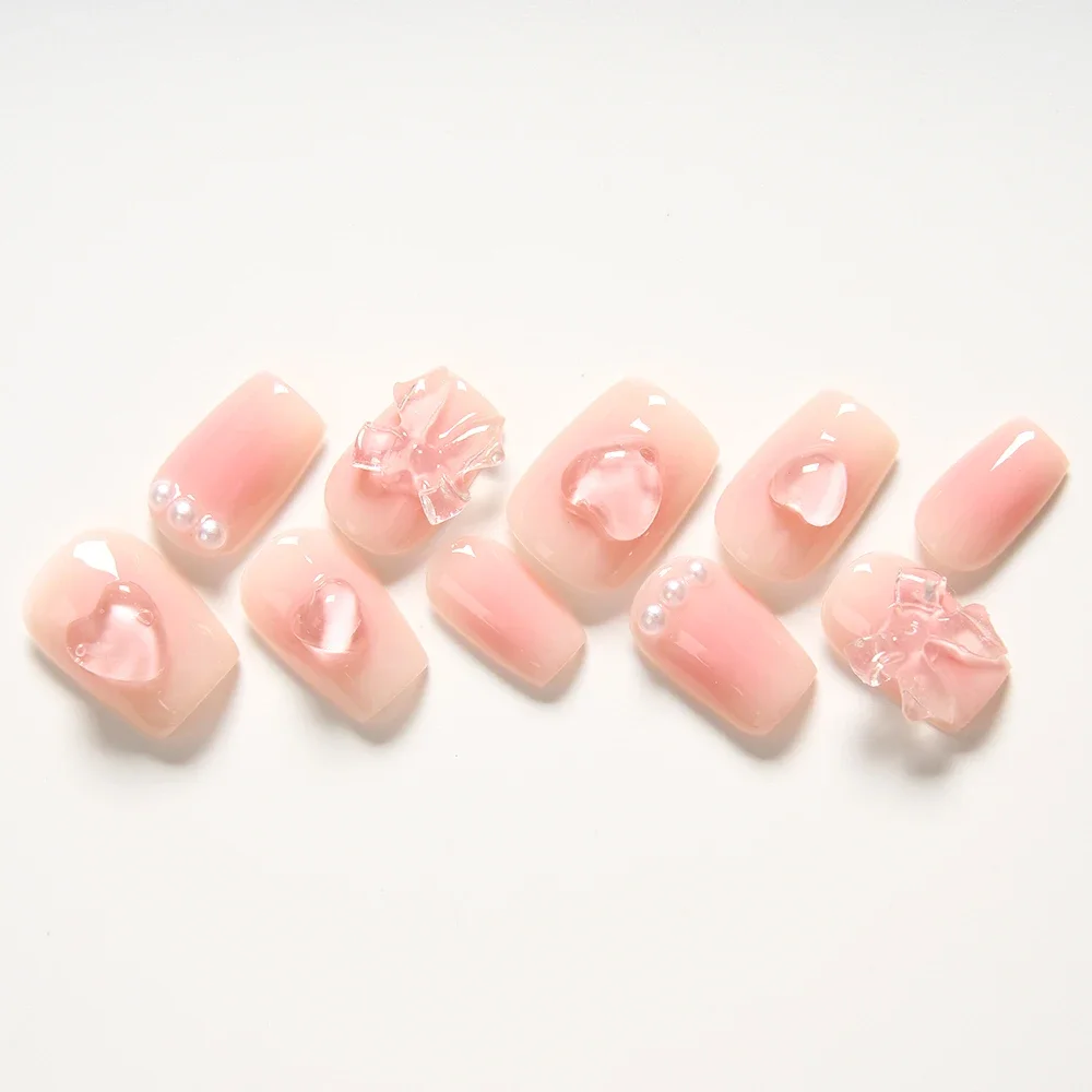 

10pcs Short Oval Shape Heart Bow Decor Press On Nails - Full Cover Fake Nails Short Oval Shape False Nails for Women and Girls