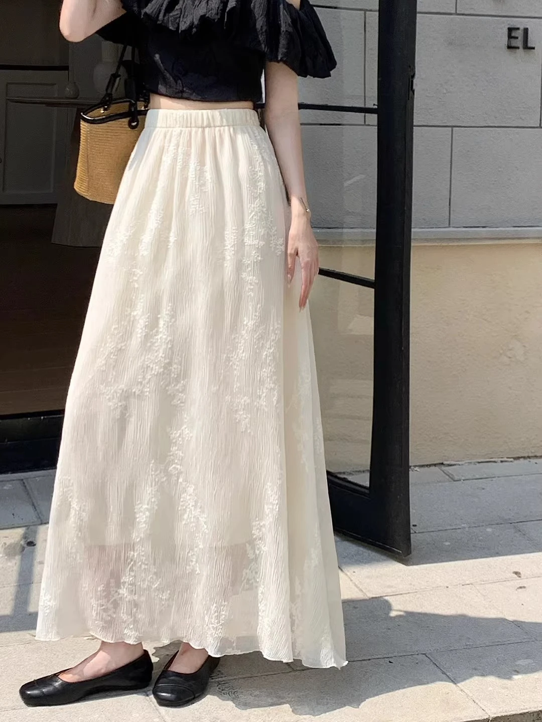 Summer French Style Romantic  Women Clothes Embroidery Stretchy High Waisted Long Beige Skirt , Woman Ruffles A Line Skirts