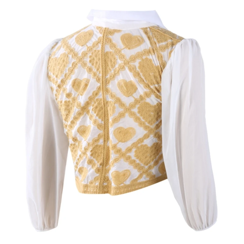 Women Crochet Heart Cardigans Puff Sleeve Lapel Button Up Loose Blouses N7YF