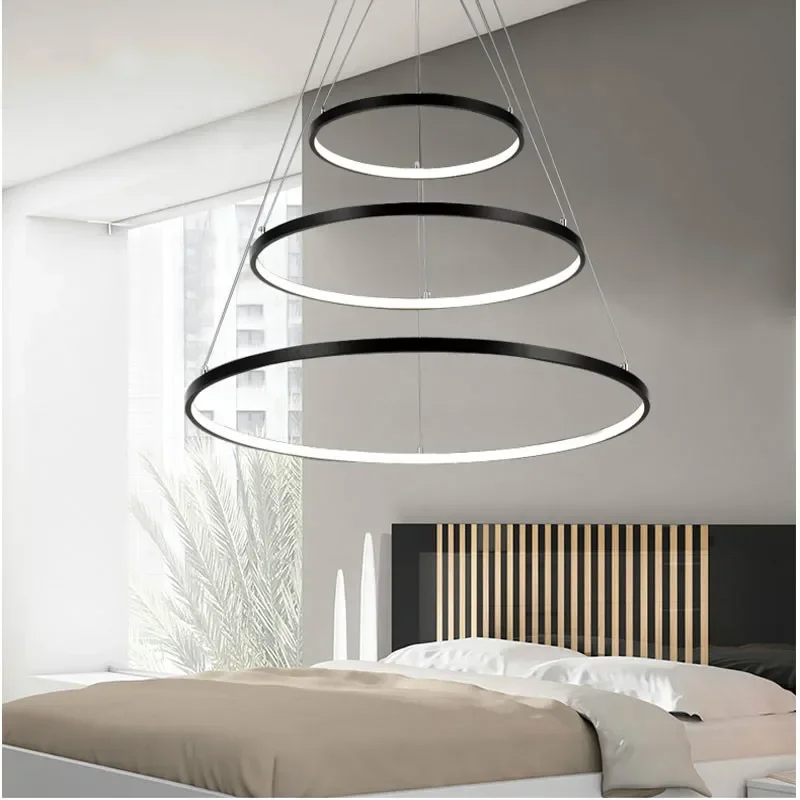 

Modern LED Ceiling Lamp Black/White Acrylic Aluminum Body Pendant Light for Living Room Dining 1/2/3/4 Circle Rings Design