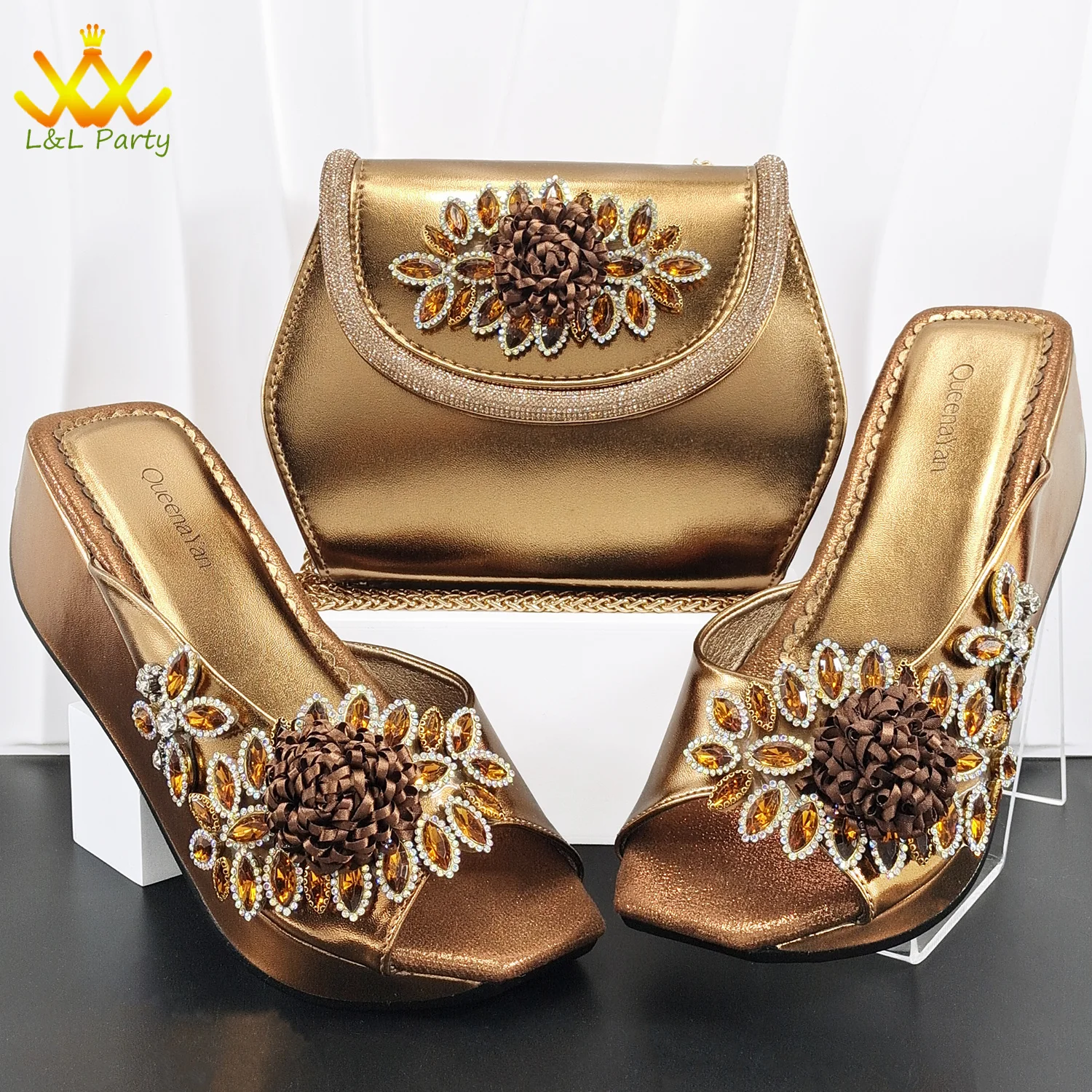 High Quality Coffee Color New Arrivals 2026 Shoes and Bag Set with Appliques Classics Design for Wedding
