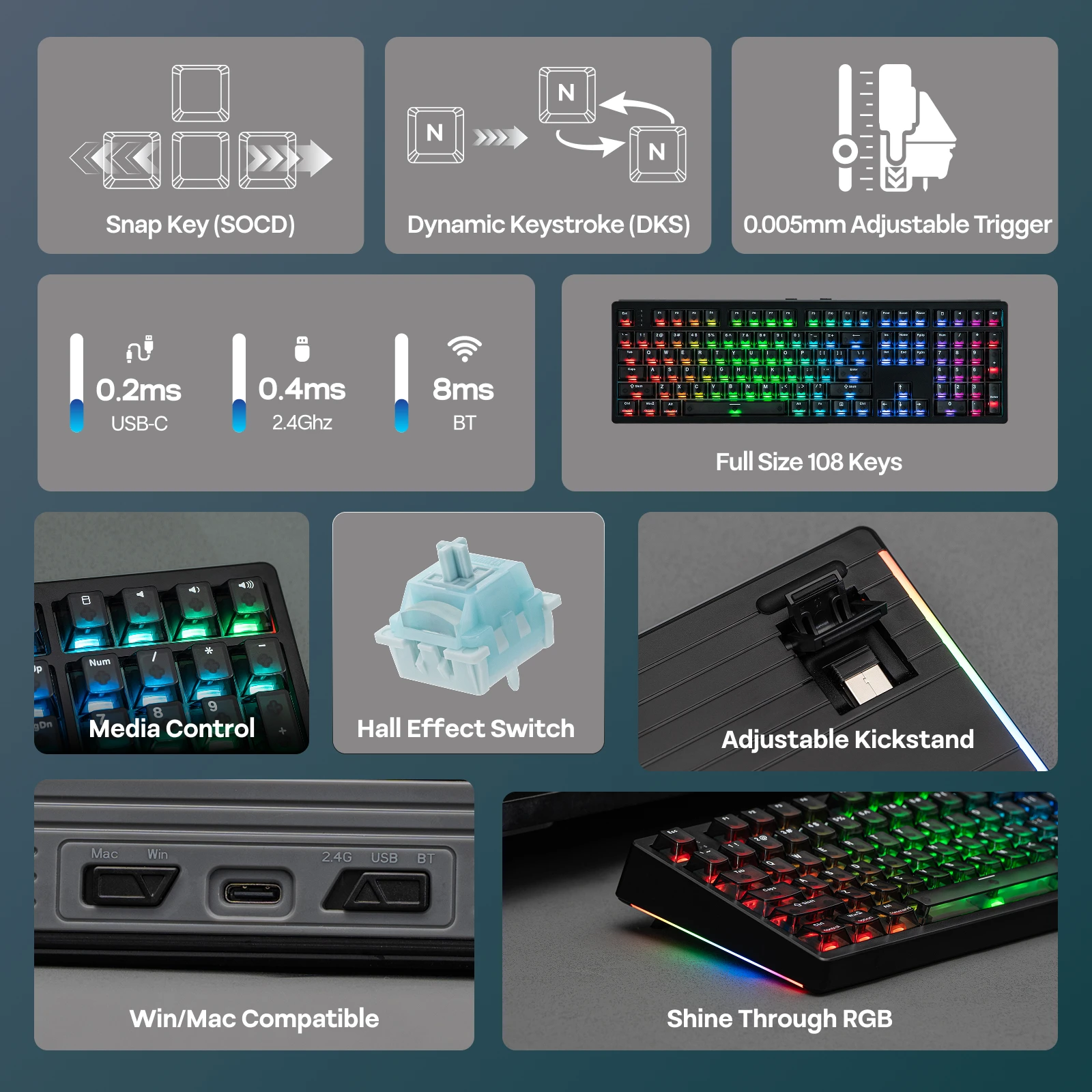 EPOMAKER HE108 100% ANSI US QWERTY 레이아웃 유선/BT/2.4Ghz 무선 홀 이펙트 기계식 키보드 (SOCD/DKS 및 래피드 트리거…
