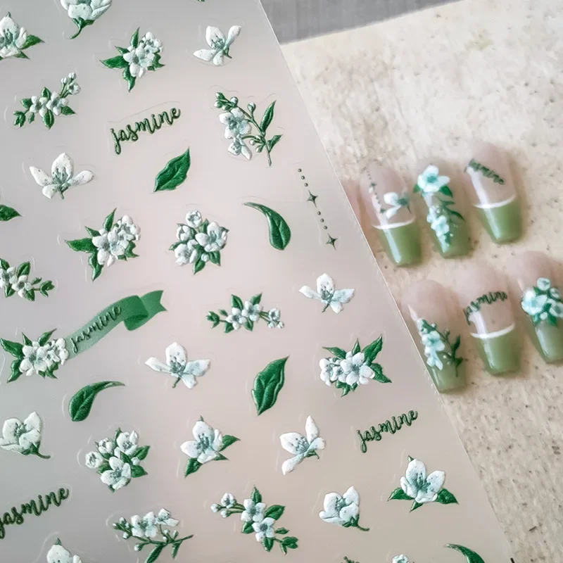 Fresh Green Jasmine Camellia Flower Leaf White Vintage 5D Soft Embossed Reliefs Self Adhesive Nail Art Sticker 3D Manicure Decal