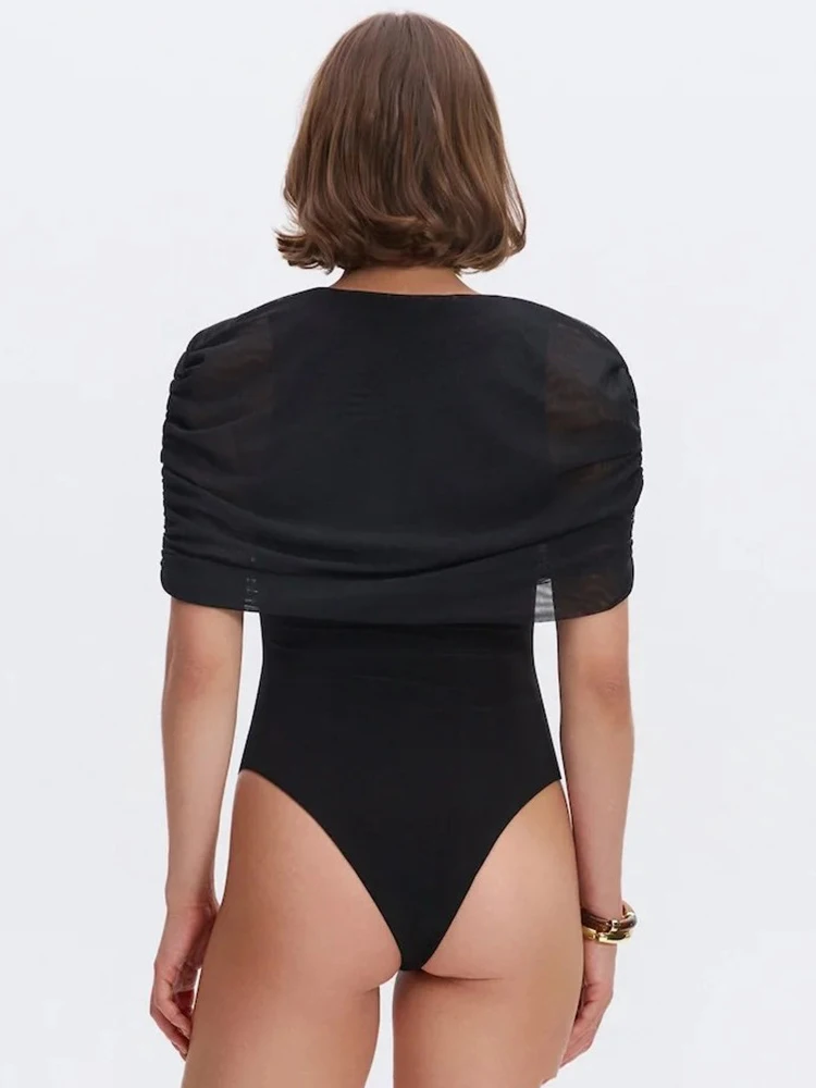 JULISSA MO Sexy Hollow Out High Elastic Women Bodysuit Black High Waist Pearl Button Romper Autumn Skinny Elegant Party Clubwear - view 5