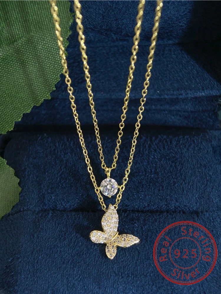 

925 Sterling Silver Sparkling Double Layered Butterfly Shiny Necklace For Women Anniversary Party Fashion Quality Fine Jewelry