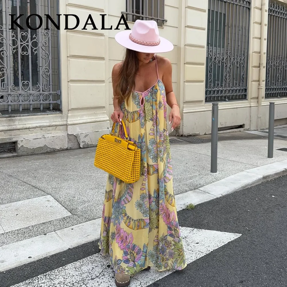 KONDALA 2025, Frühling, Sommer, lässig, bedruckt, Damen-Kleider, modisch, elegant, rückenfrei, ärmellos, trägerlos, lose Damen-Cami-Kleider