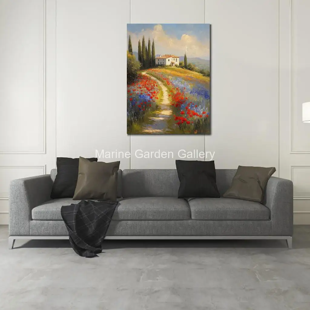 Large Canvas Art Italian Village Landscape Wall Picture Hand Painted Oil Painting Modern Artwork for Sitting Room Decor Romantic