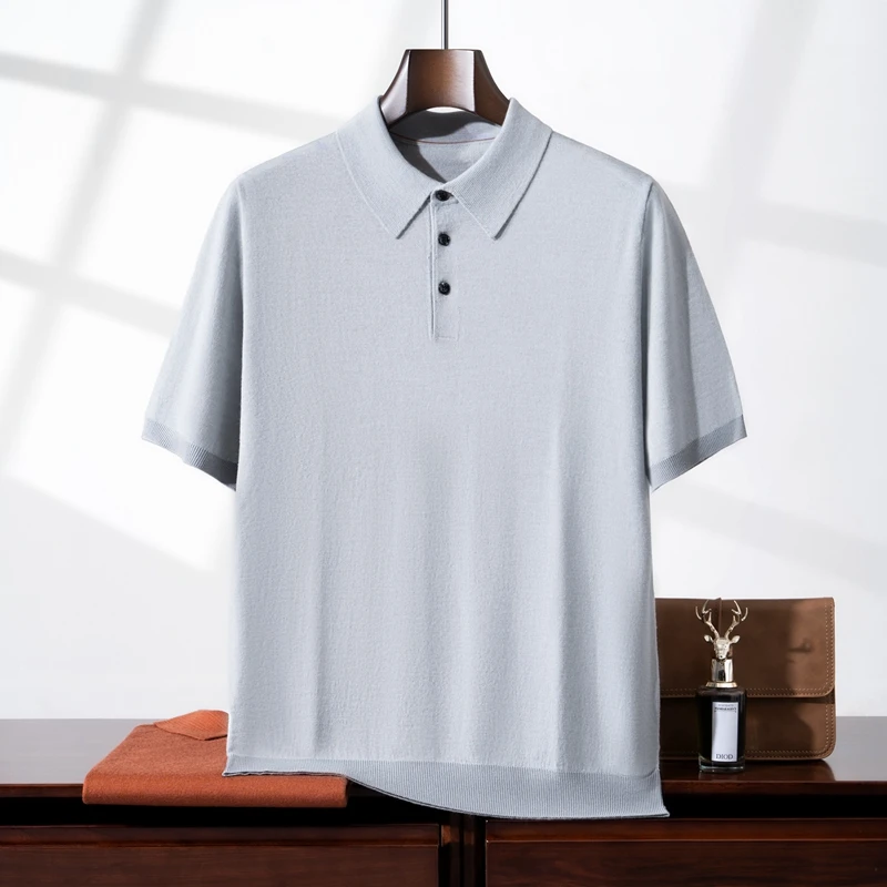 

Мужской свитер из тонкой пряжи Yangtze, 100% шерсть, с коротким рукавом, повседневный вязаный пуловер, футболка-поло, свободный джемпер, топ