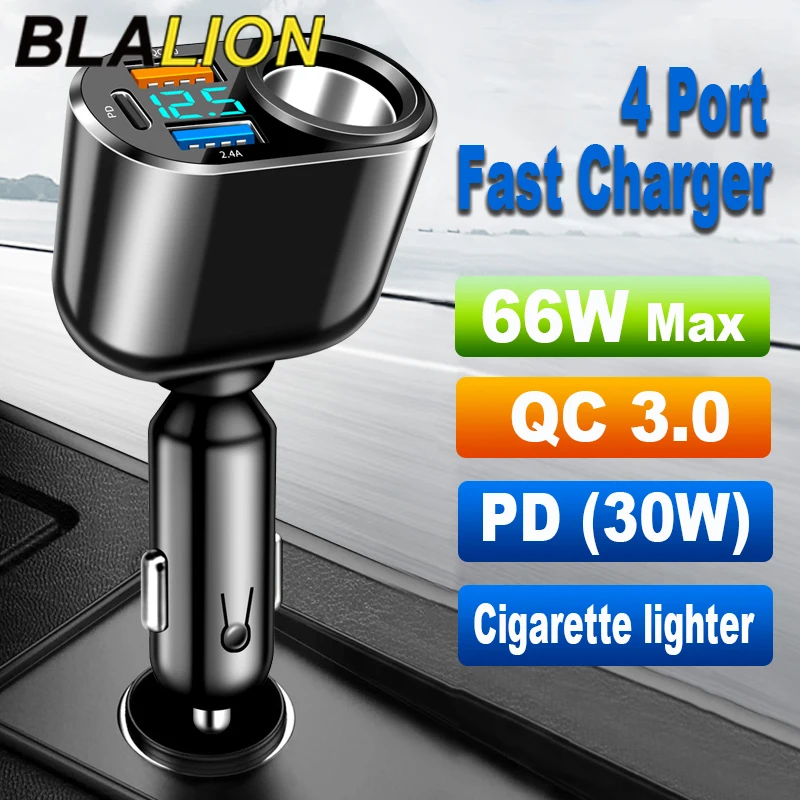 BLALION 66 W 4 Ports Autoladegerät 3,1 A Dual USB 30 W PD Schnellladung Autotelefon-Ladegerät Zigarettenanzünder Schnellladegerät Netzteil