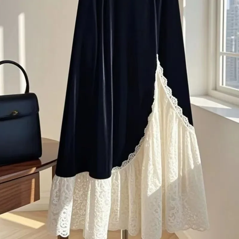French Lace Velvet Women Skirt Patchwork A-line Autumn Winter Faldas Mujer Korean Fashion Elegant Retro Long Skirt 2025 New