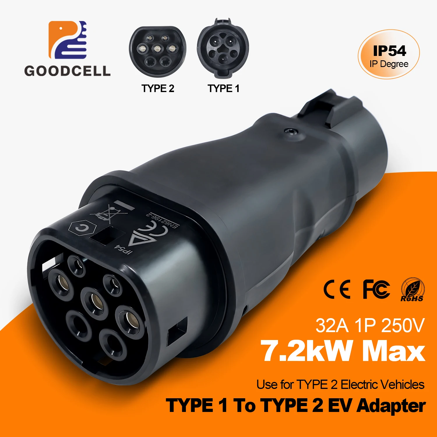 GOODCELL Type1 إلى Type2 32A 1Phase 7.2kw Max EV مهايئ شاحن J1772 إلى IEC62196 EV شاحن محول #1