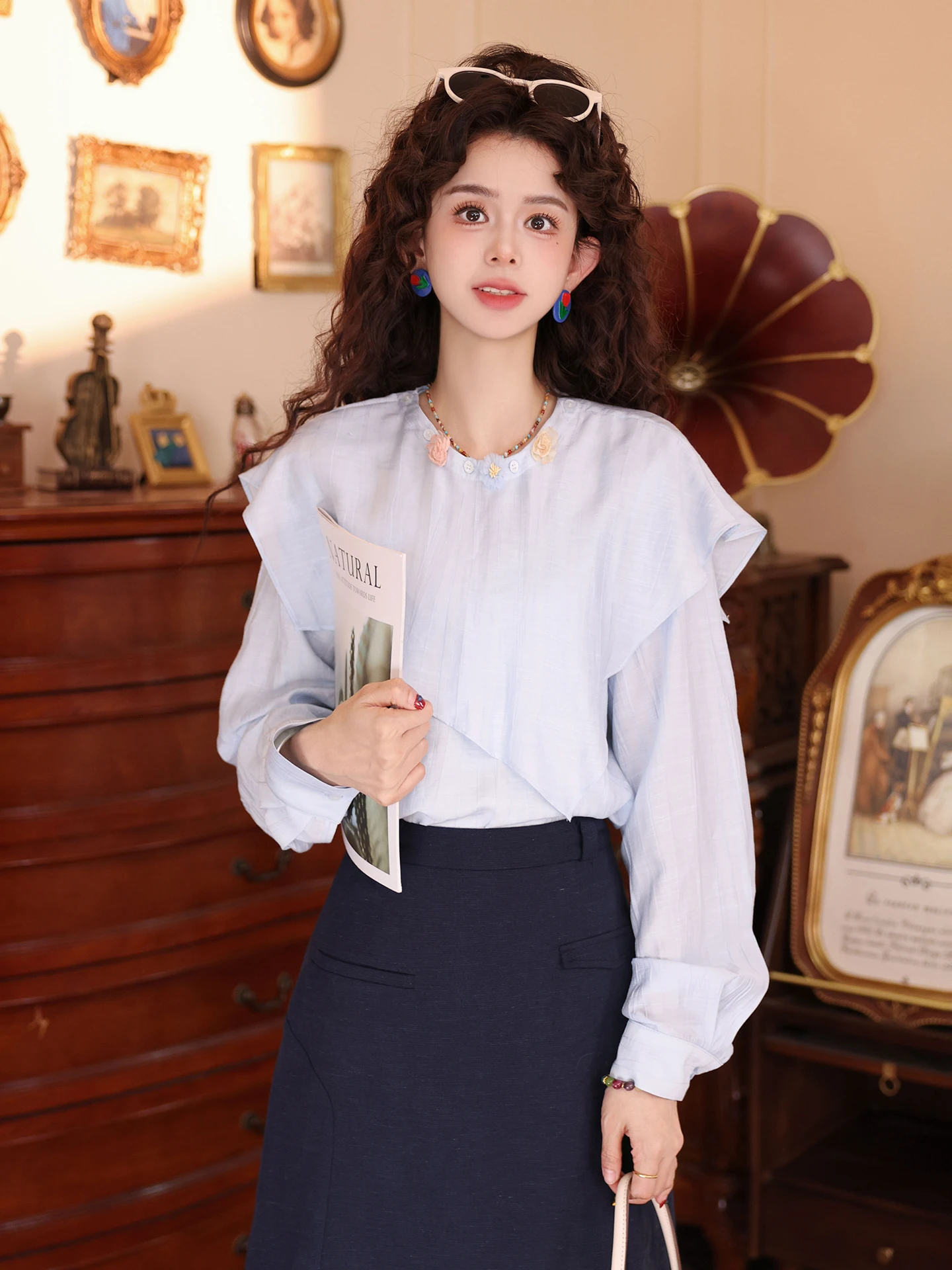 

Chen Jiajie Lake Heart Reflection Design Long Sve round Ne Slimming Versatile Women's irt Chic oulder Wrap irt