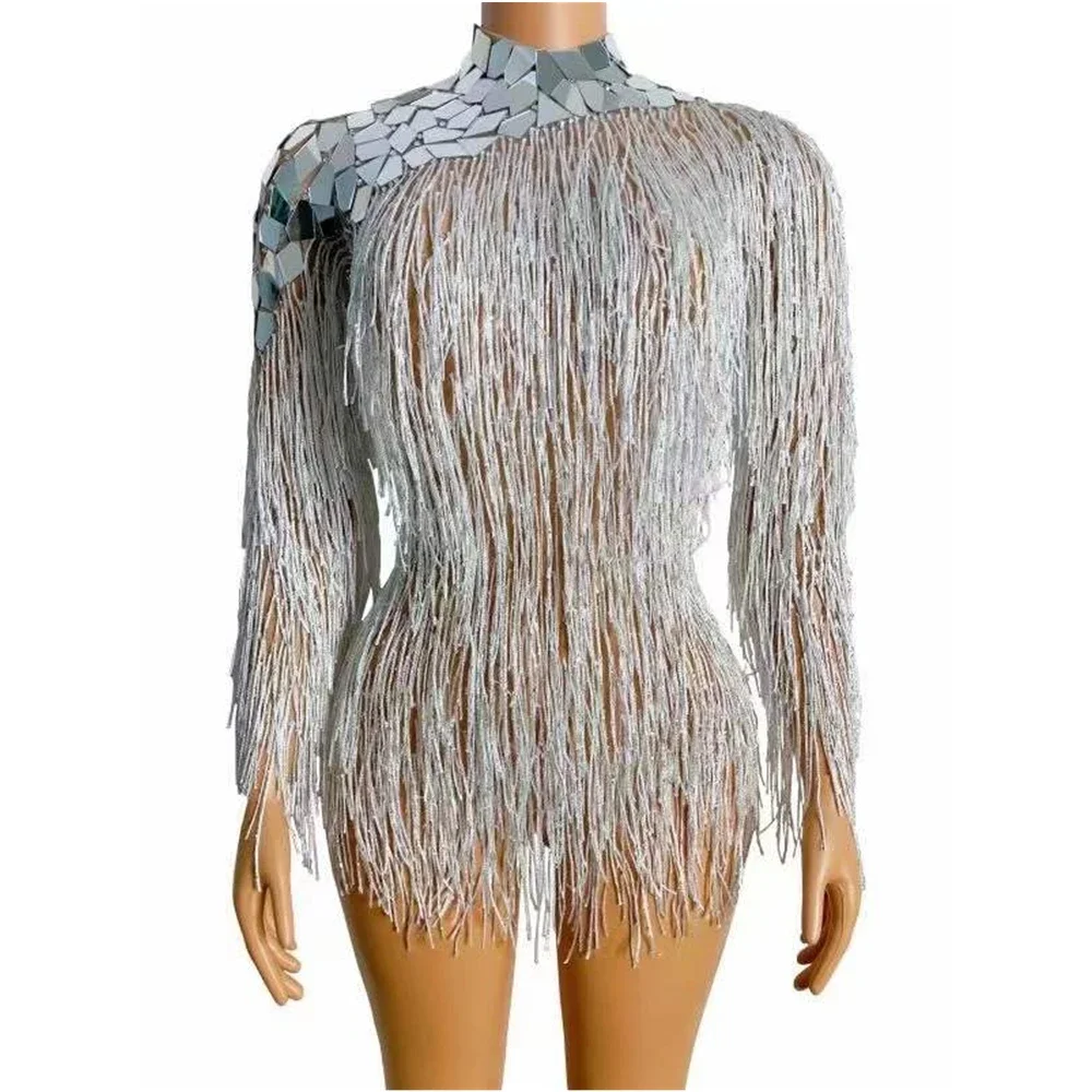 

Shoulder Sequin Tassel Women Bodysuits Backless Birthday Dancer Outfit Nightclub Stage Disfraz Mujer Carnaval Partykleider