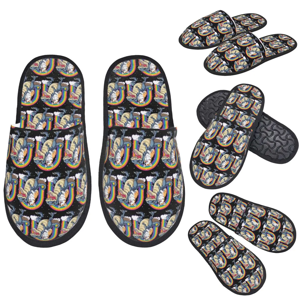 

Custom Corgi Riding Dinosaur T Rex Rainbow Dog Slippers Memory Foam Warm Soft Women House Slipper Bedroom Fluffy Shoes