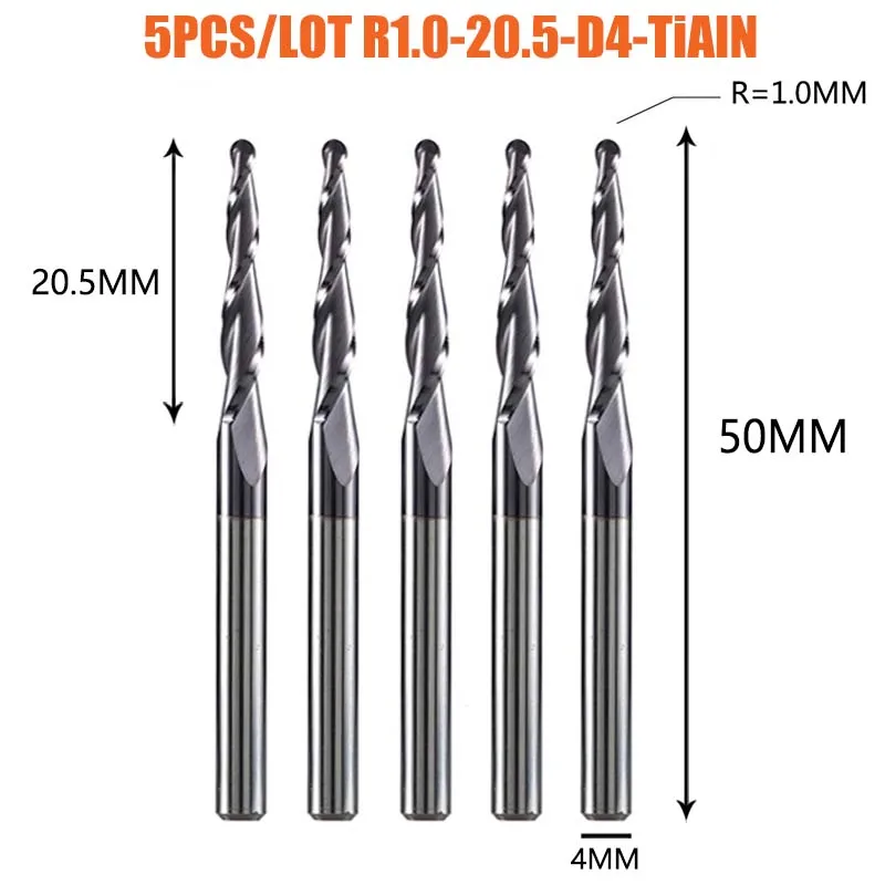 Dreanique 5 stuks/verpakking 4 6mm schacht 2 snijkanten hardmetaal volhardmetaal conische bolkop CNC graveerfrees frees voor hout en metaal
