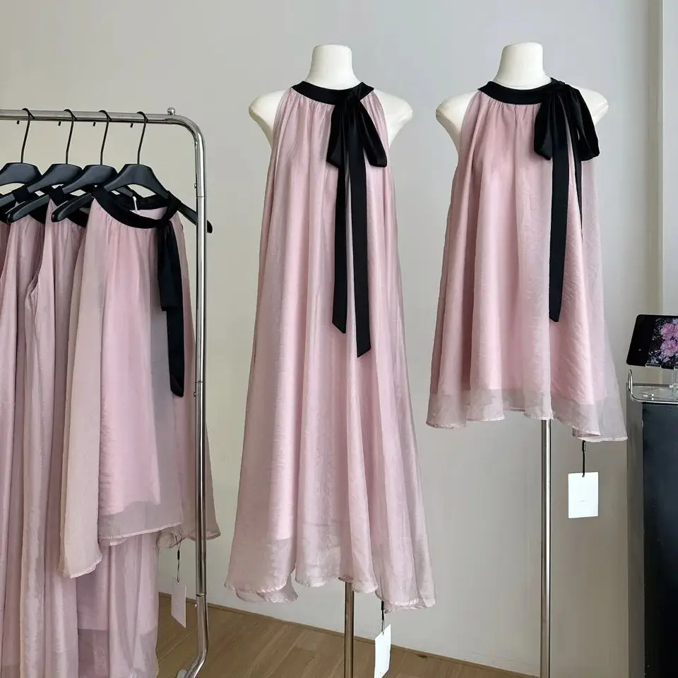 Rosa Schwarz Kontrast Spitze Up Neck Kleid Für frauen Frühling Sommer Neue Französisch Stil Bogen Fee Ärmellose Lange Party Dresees