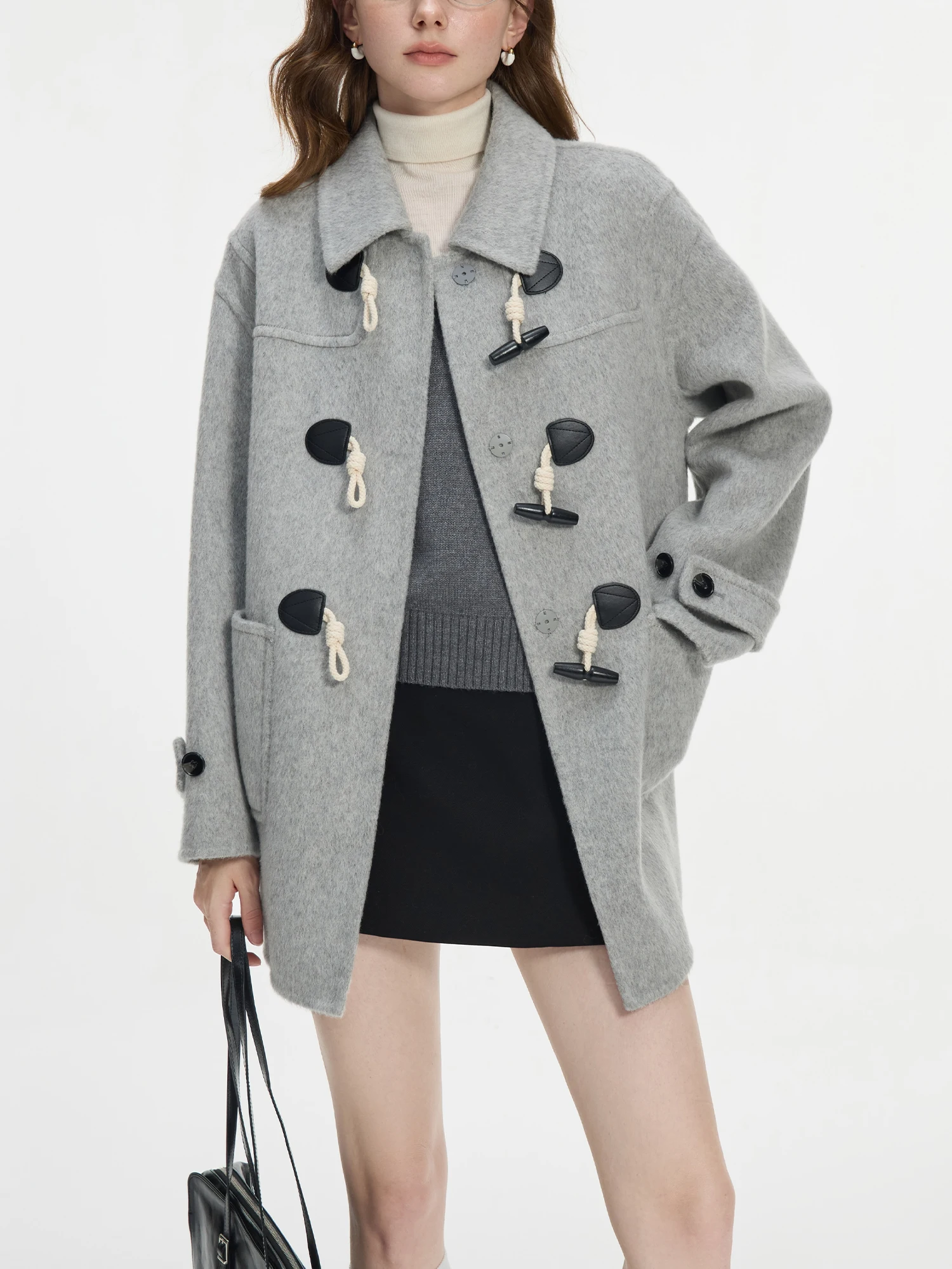 

FSLE 100% Wool Two Color College Style Cowl Button Reversible Tweed Coat for Women 2024 Winter New Design Casual Jacket24FS14239