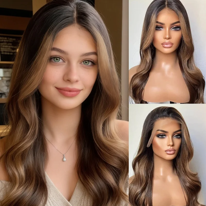 

Premium Ombre Brown Blended Synthetic Wigs Chestnut Highlight Color Luxury 13x4 Lace Top Wig for Women Realistic Lace Front Wig