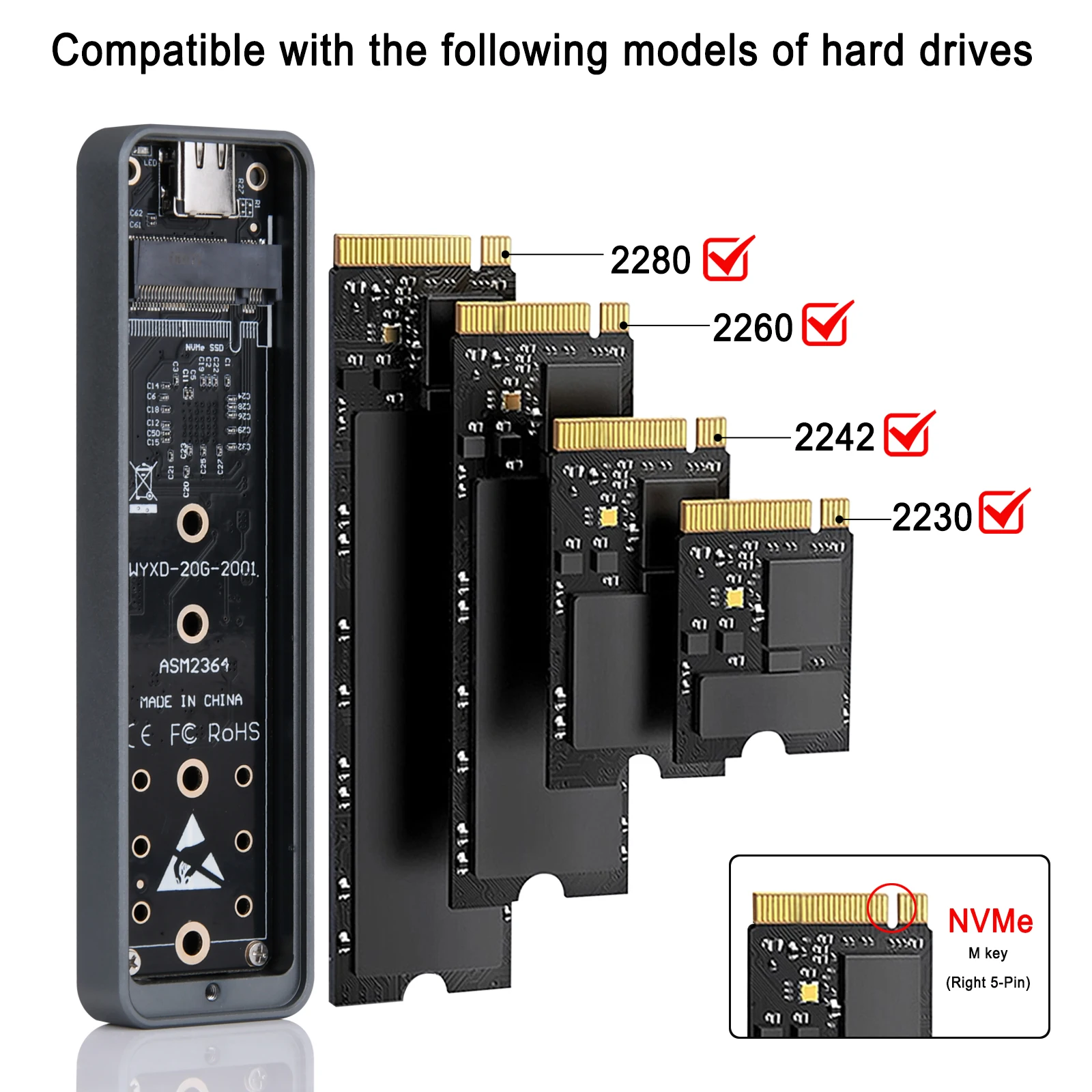 Imagem -04 - Gabinete Nvme de Liga de Alumínio Usb 3.2 Gen 20gbps Apto para Max 4tb 2230 2242 2260 2280 Nvme Ssd m b e m Key Windows Macbook