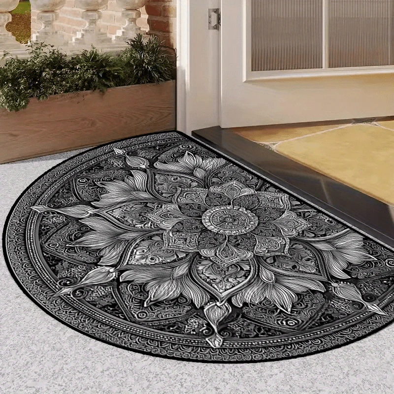 VIKAMA Schwarz-weiße Vintage-Fußmatte mit Blumenmuster – schallabsorbierende und rutschfeste Eingangsmatte, Flurmatten, Badezimmerteppich, Heimdekoration