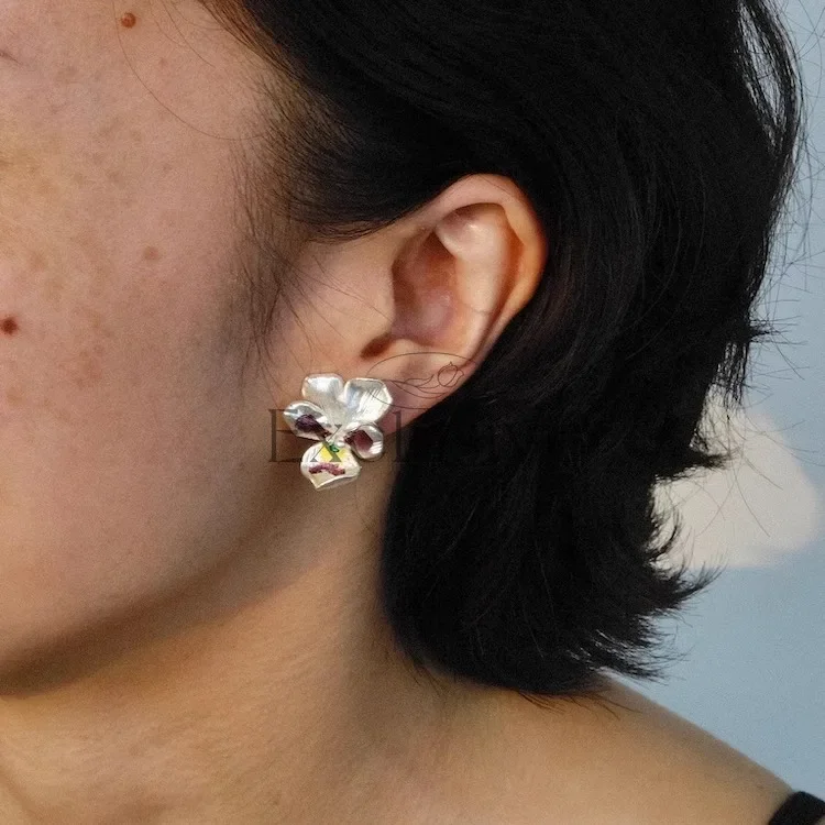 Flower earrings, colorful enamel glaze three-dimensional