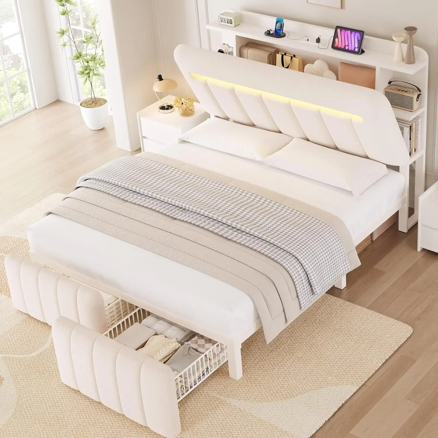 Full Size Bed Frame with Storage Headboard,Upholstered White Bed Frame Full with Storage Drawers and Charging Station,Velvet