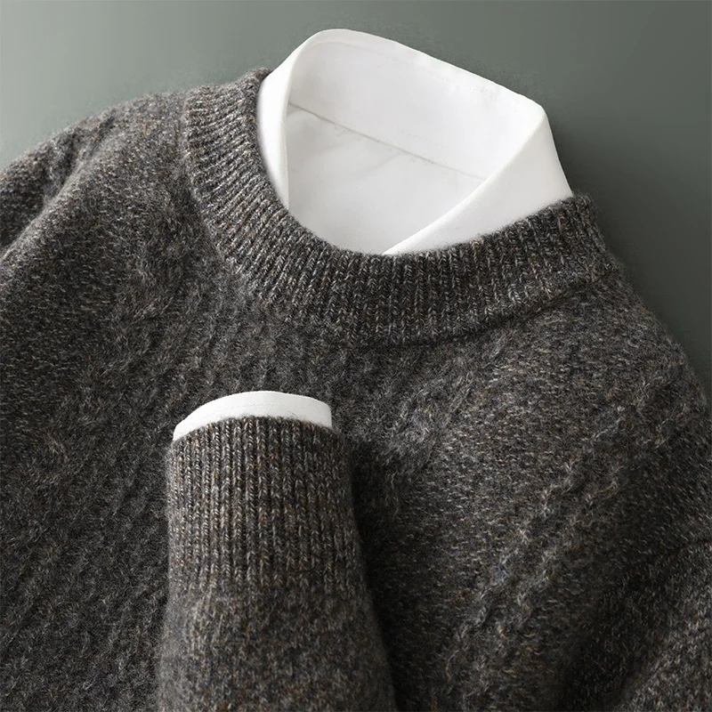 100% Pure Wool Sweater Men's Round Neck Thick Twisted Knit Bottoming Shirt Business Casual Winter Wool Pullover