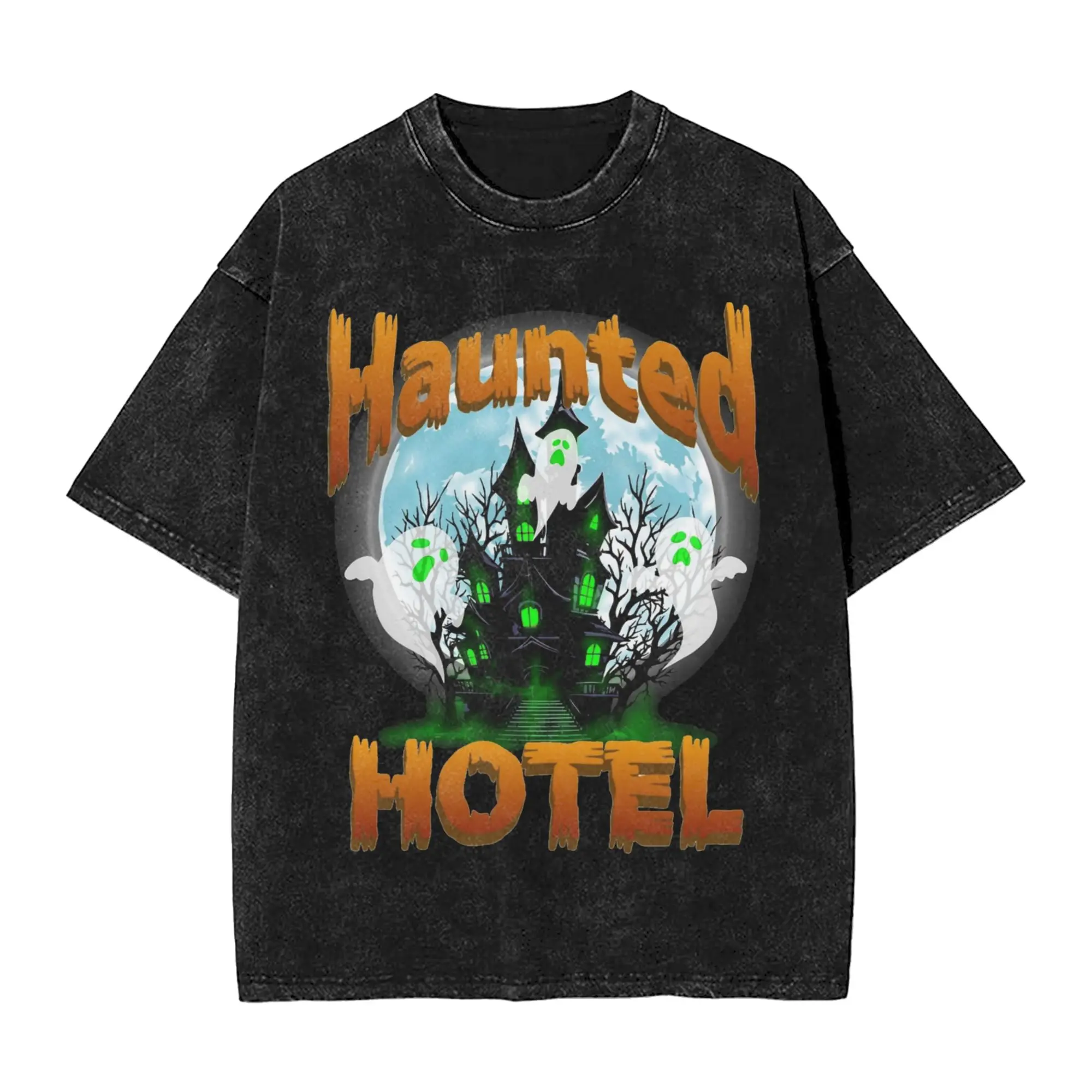 Haunted Hotel T Shirt Hip Hop Washed Short Sleeve Street T-Shirt  Retro Men Women Streetwear Summer Tops Tees