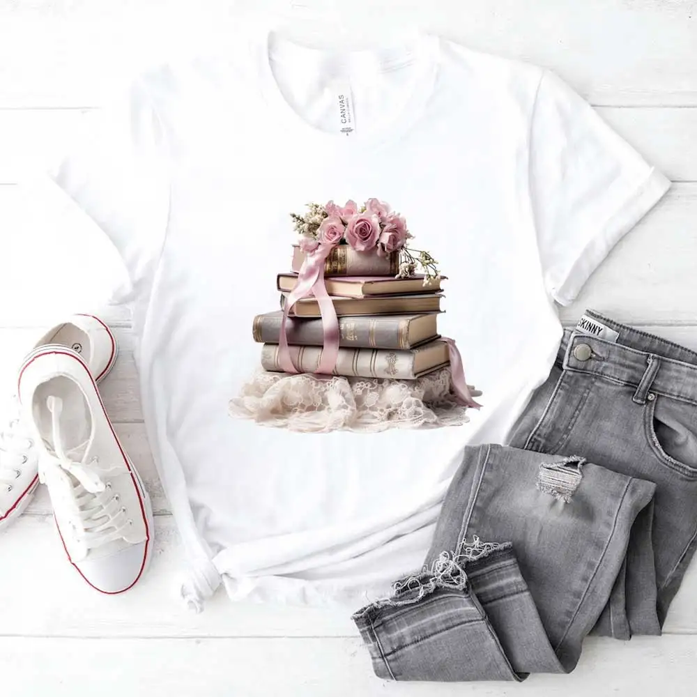 Vintage Floral Books Iron-on Transfer For Clothing DIY Washable T-shirts Thermal Stickers Beautiful Watercolor Painting Patches