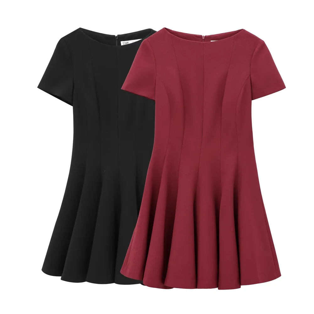 

2024 RARF Winter New Product Women's Fashion Elegant Wave Wide Swing Round Neck Short sleeved Skirt Dress