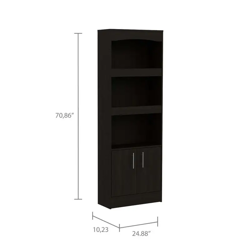 Three-Shelf Bookcase with Double Door Cabinet Storage Unit