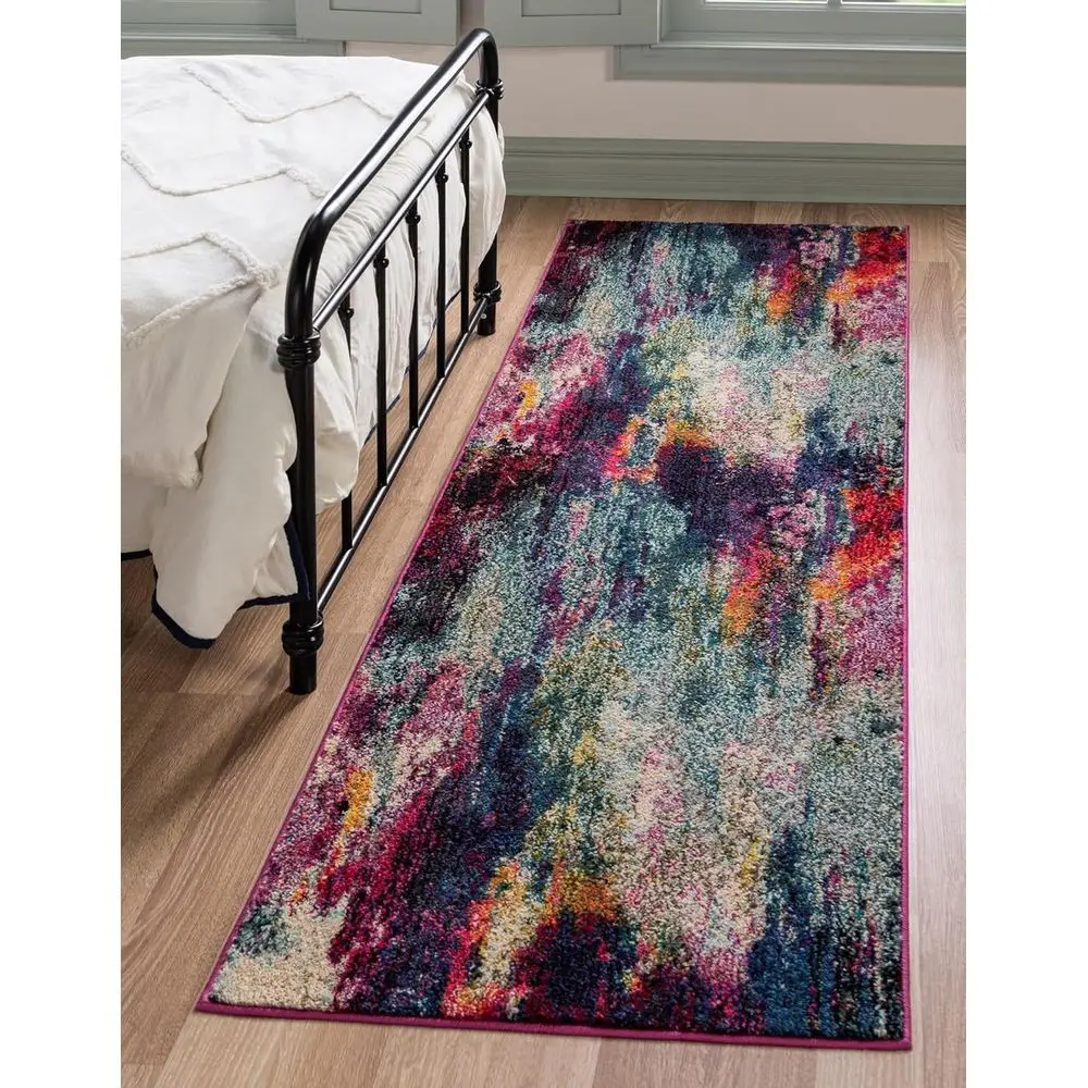 

Яркий абстрактный ковер, разноцветный бегунок 2 x 6 футов, голубые акценты для домашнего декора