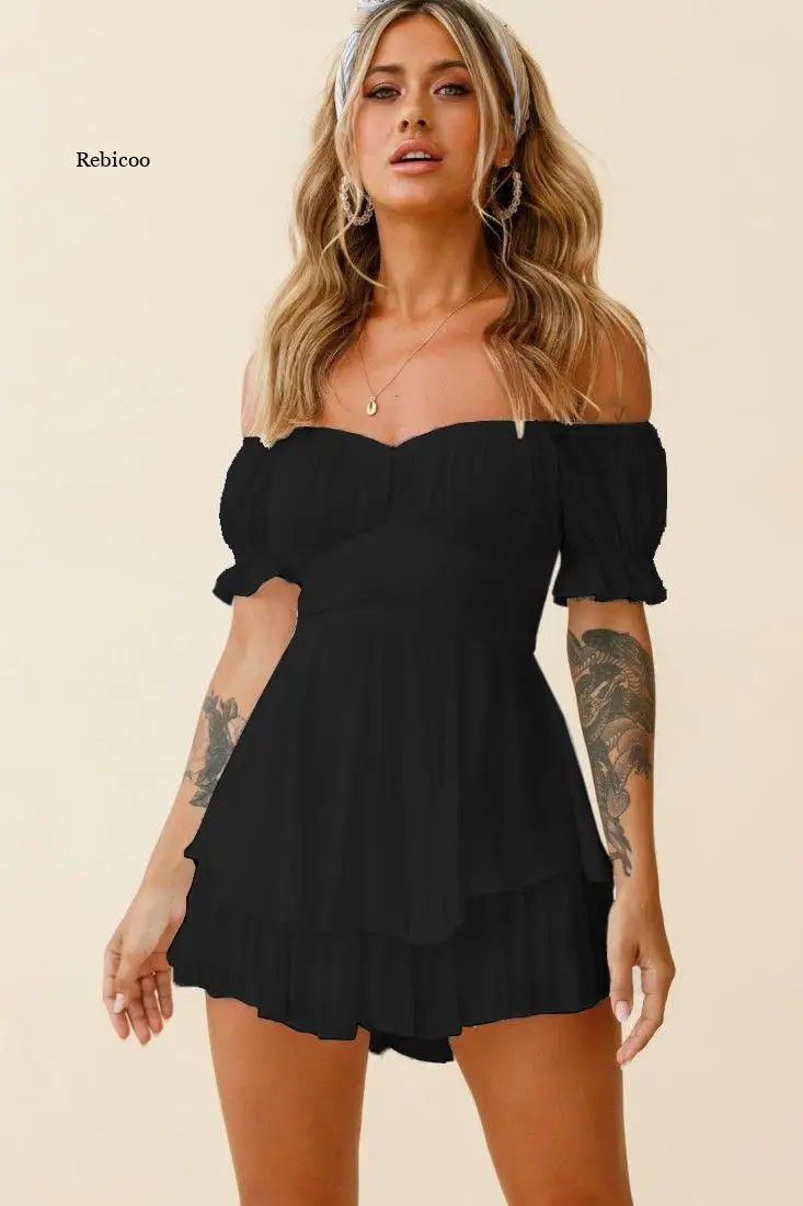 Fashion Women Summer Elegant Off Shoulder Layered Ruffle Romper Lady Solid Sleeveless Casual Playsuit