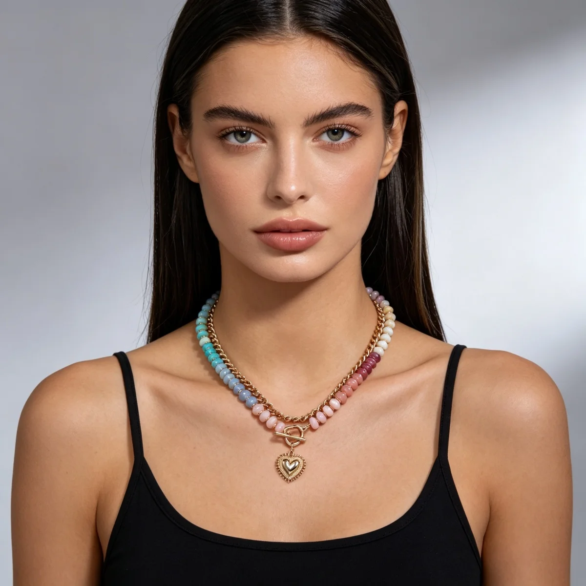 Y2K-Halskette mit Herzanhänger aus farblich abgestuften Harzperlen für Damen und Herren, Liebesherz, bunte Acrylperlen, Choker, ästhetischer Schmuck – Detail 8