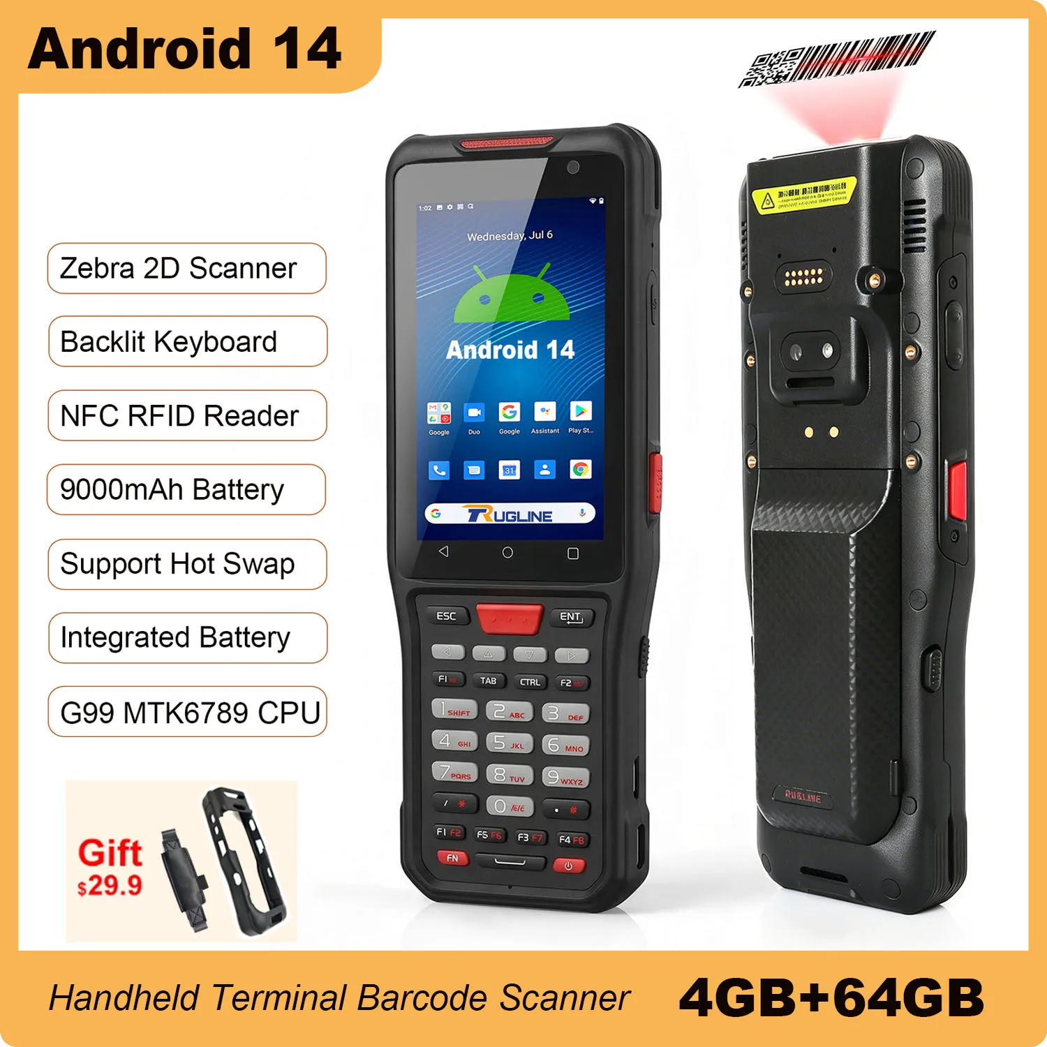 Android 14 G99 Octa-Core 1D laser 2D Zebra Barcode Scanner Rugged IP67 Handheld PDA NFC RFID Reader 4G LET Mobile Data Terminal